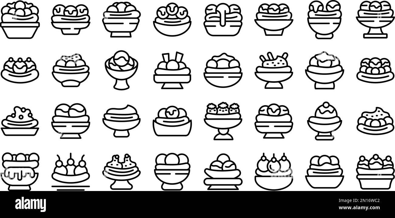 Banana split icons set outline vector. Cream calories. American dessert ...
