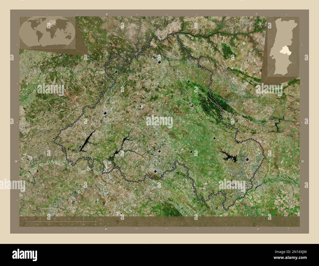 Portalegre, district of Portugal. High resolution satellite map. Locations of major cities of the region. Corner auxiliary location maps Stock Photo