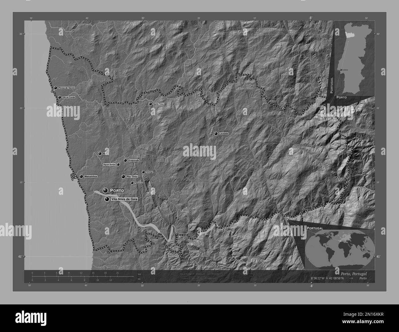 Porto, district of Portugal. Bilevel elevation map with lakes and rivers. Locations and names of major cities of the region. Corner auxiliary location Stock Photo