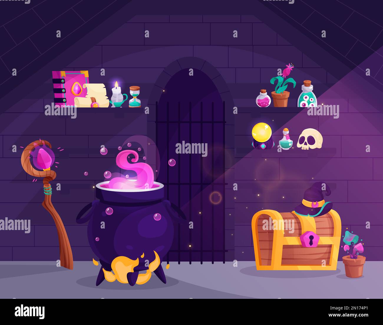 Magic room interior composition with indoor view of witch dwelling with boiling cauldron staff and chest vector illustration Stock Vector