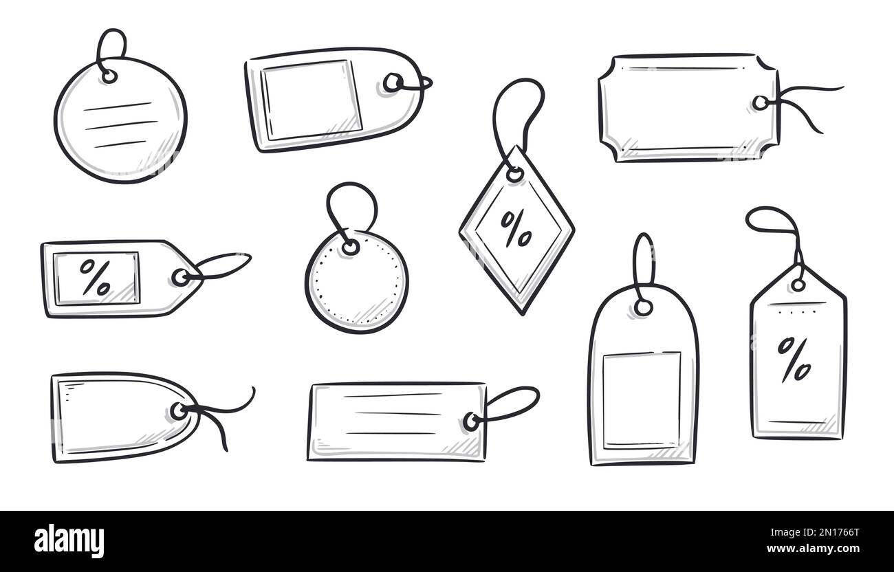 Price tag, gift label doodle element set. Price tag ribbon, discount