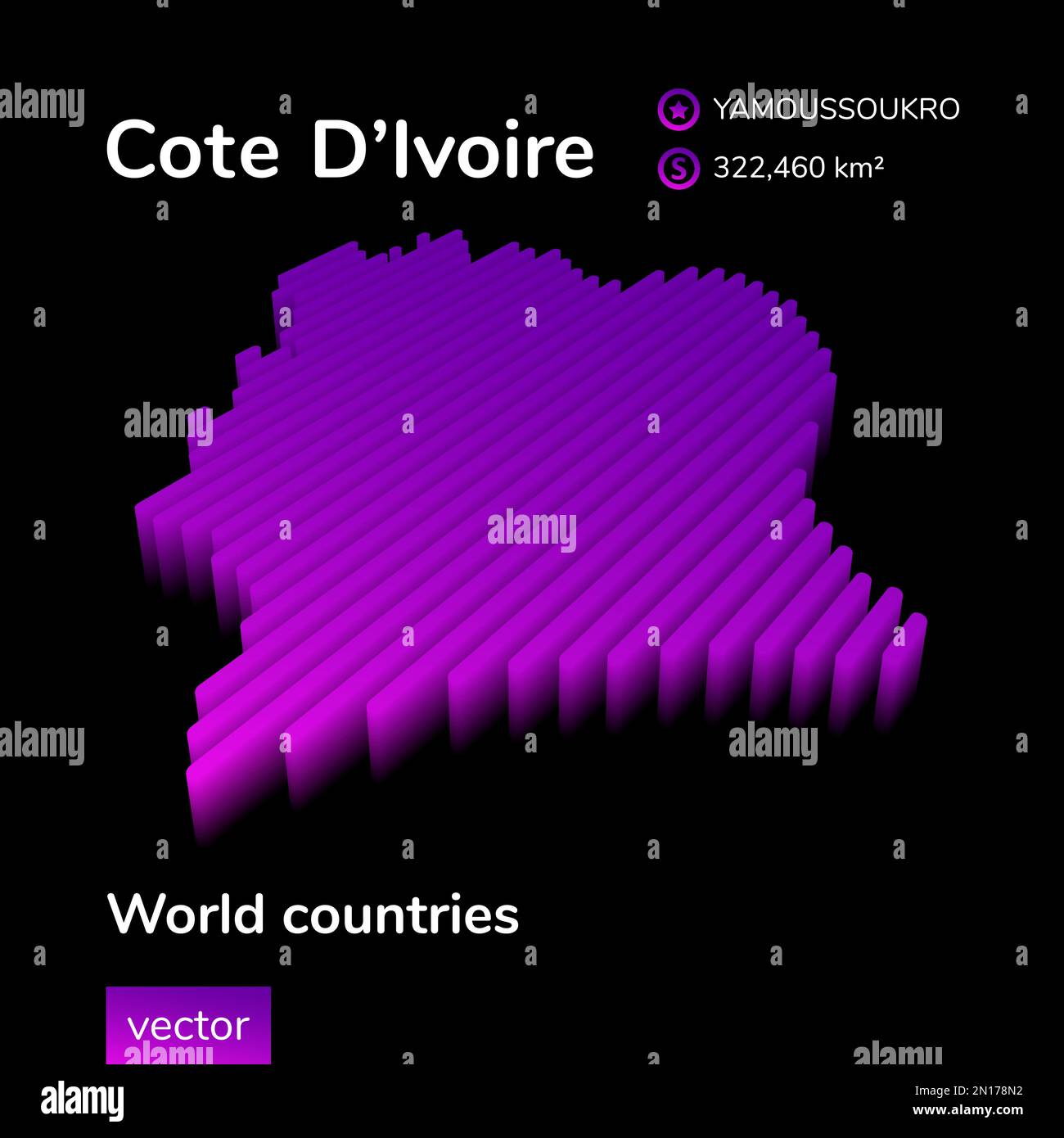 Cote D'Ivoire 3d map. Stylized striped vector map of Cote D'Ivoire is
