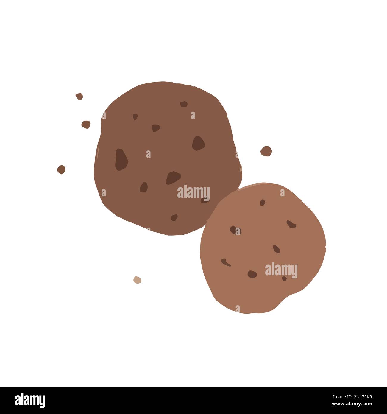 Hand drawn cute cartoon two cookies with chocolate chips and crumbs