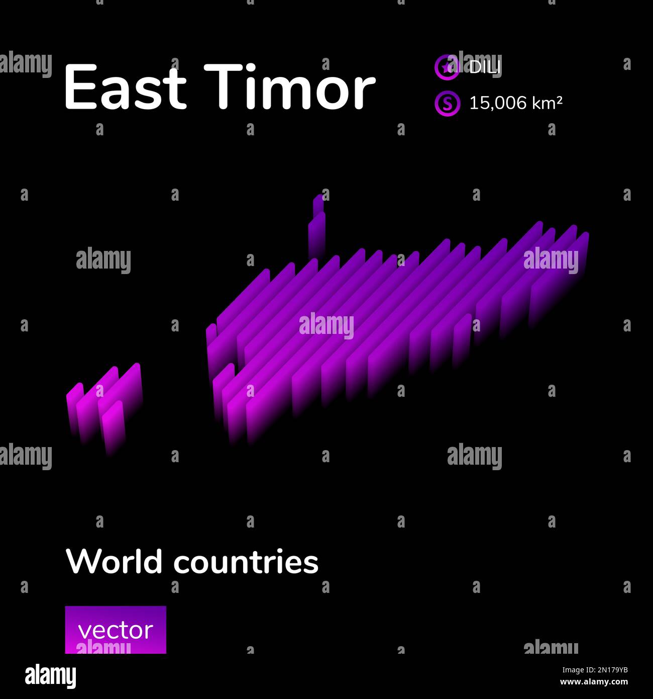 3d map of East Timor. Stylized striped vector isometric map is in neon violet and pink colors on black background Stock Vector