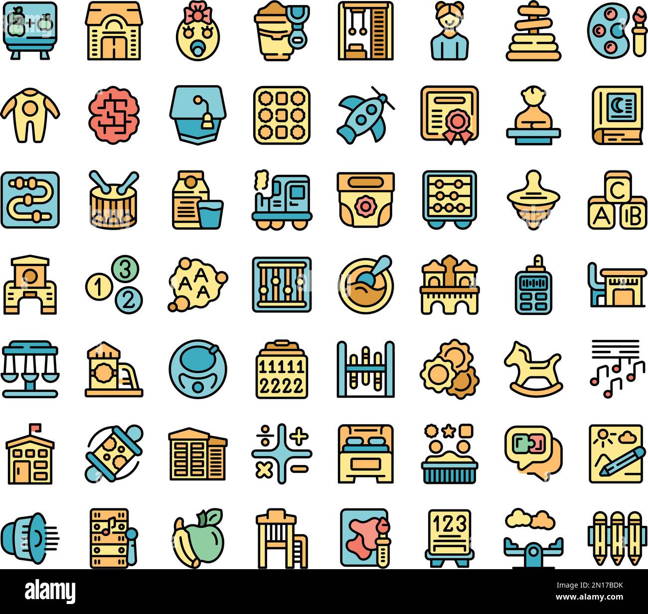 Daycare icons set outline vector. Kid toy. Child house color line on ...