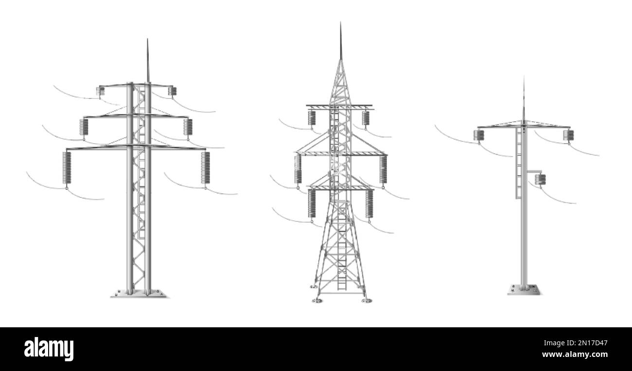 High voltage power line metal poles realistic set isolated on white