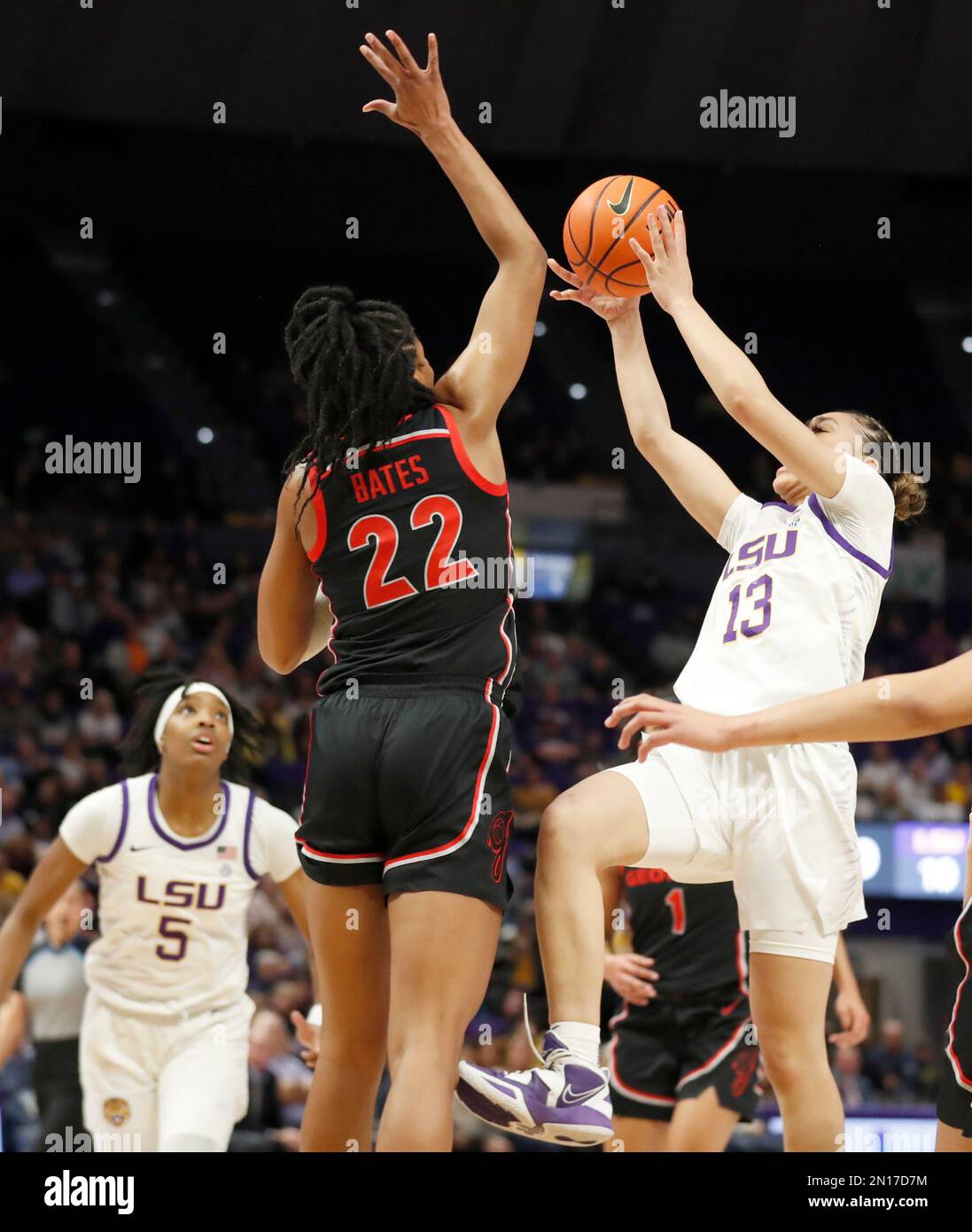 Baton Rouge, USA. 02nd Feb, 2023. LSU Lady Tigers guard Last-Tear Poa (13) attempts a shot against Georgia Lady Bulldogs forward Mallory Bates (22) during a women's college basketball game at the Pete Maravich Assembly Center in Baton Rouge, Louisiana on Thursday, February 2, 2023. (Photo by Peter G. Forest/Sipa USA) Credit: Sipa USA/Alamy Live News Stock Photo