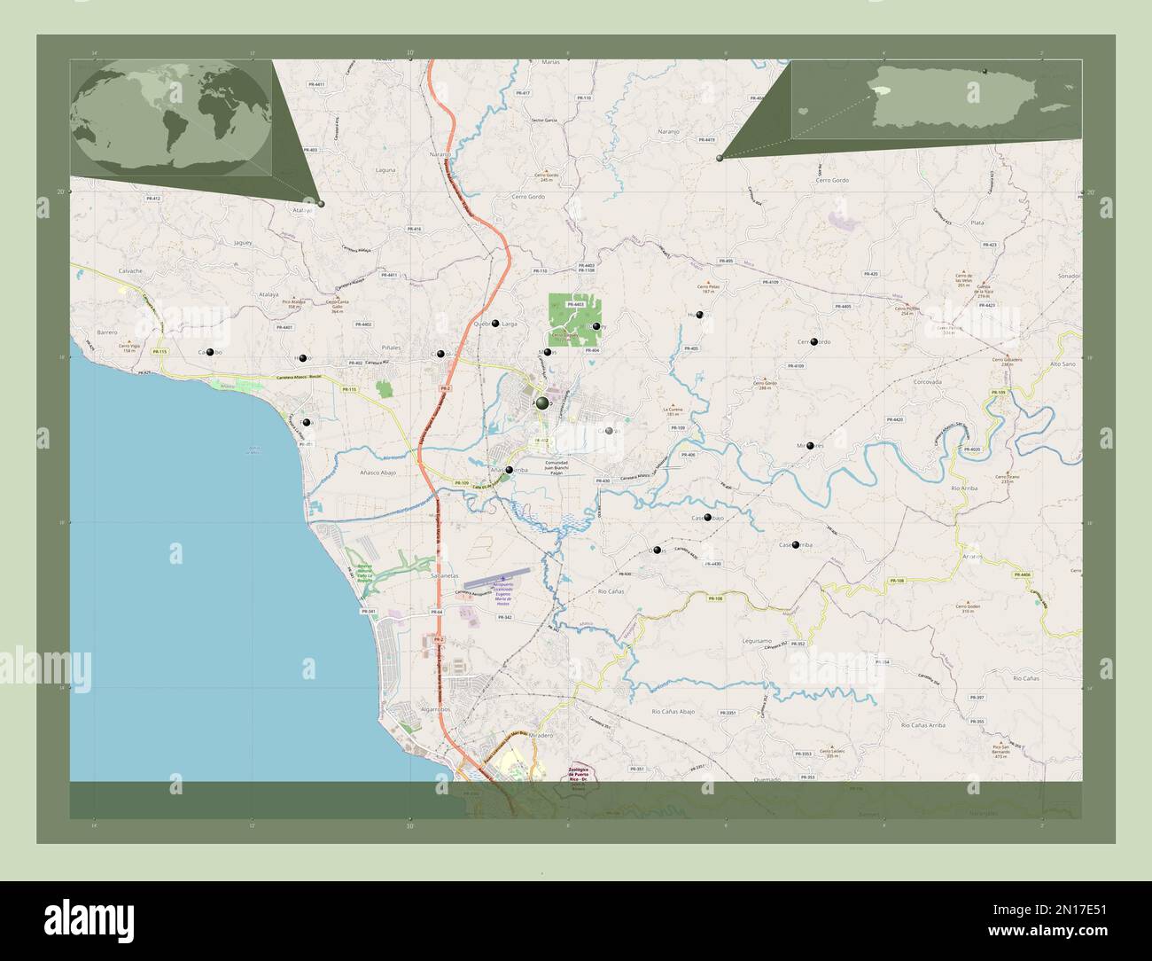Anasco, municipality of Puerto Rico. Open Street Map. Locations of
