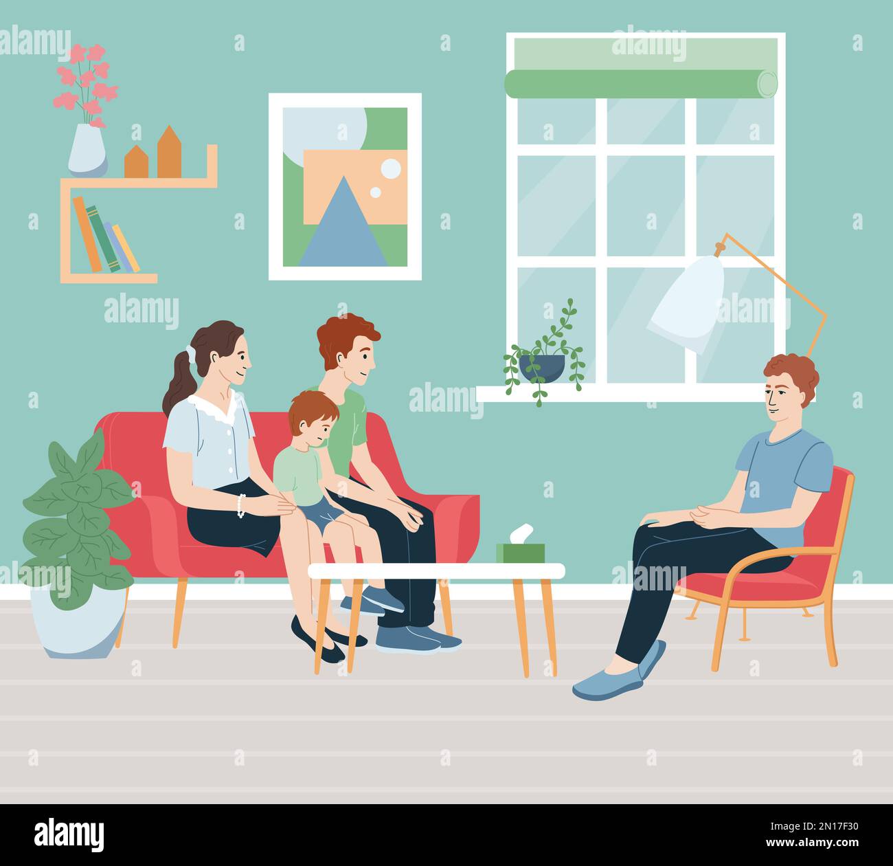 Child psychologist flat concept with family consultation scene vector