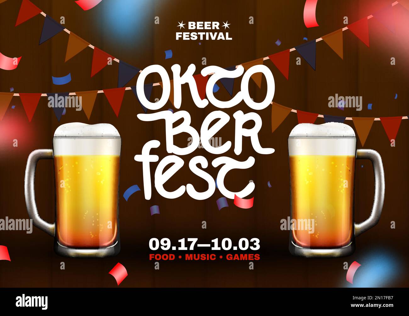 Oktoberfest colored flyer two beer cups and beer festival headline with
