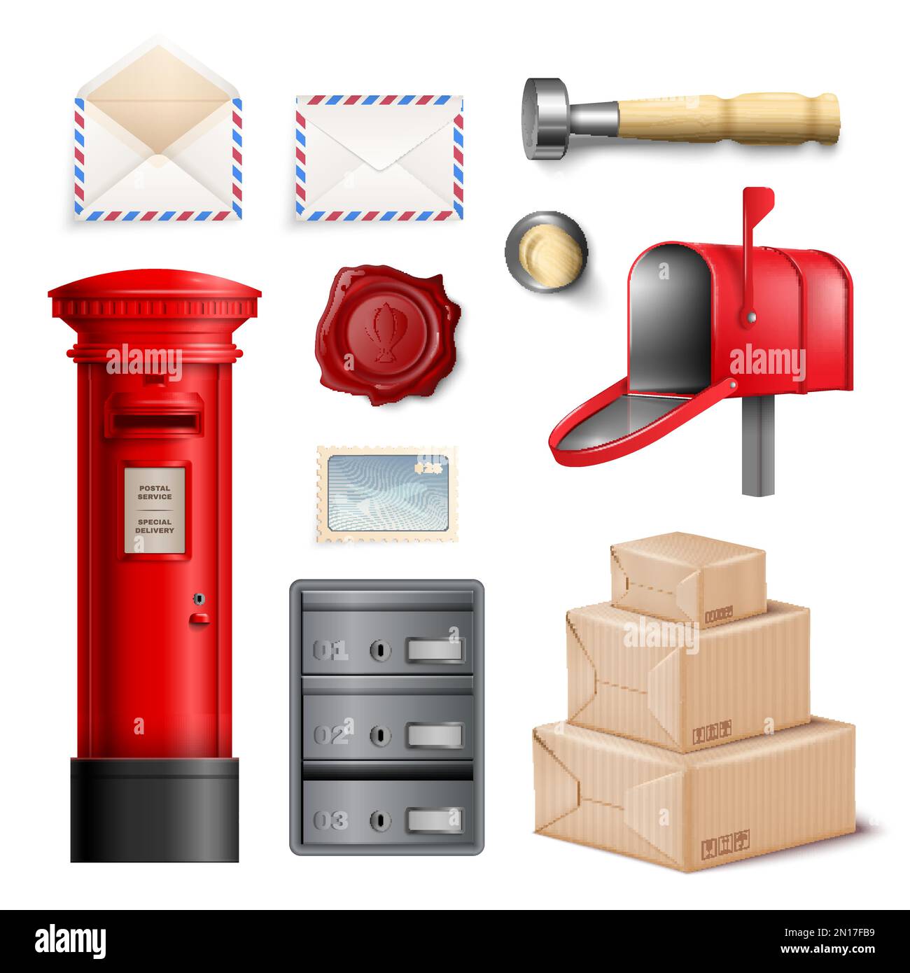 Realistic post office icon set postal urn box, empty envelope parcels