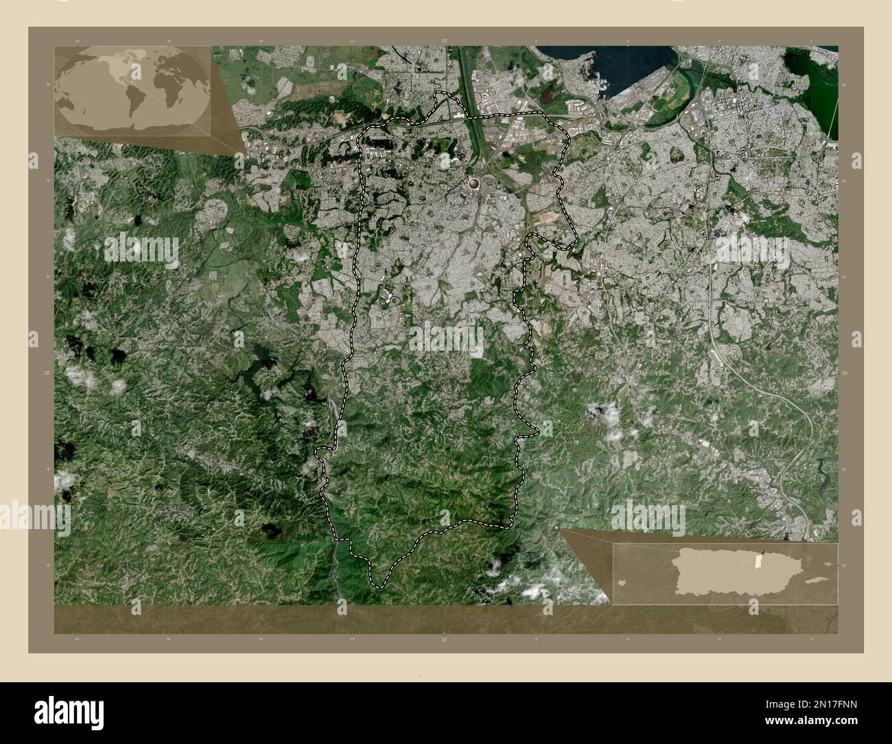 Bayamon, municipality of Puerto Rico. High resolution satellite map. Corner auxiliary location maps Stock Photo