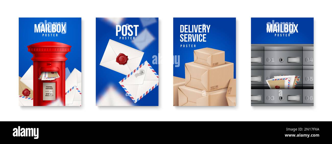 Four vertical realistic post poster set with mailbox post delivery service headlines vector