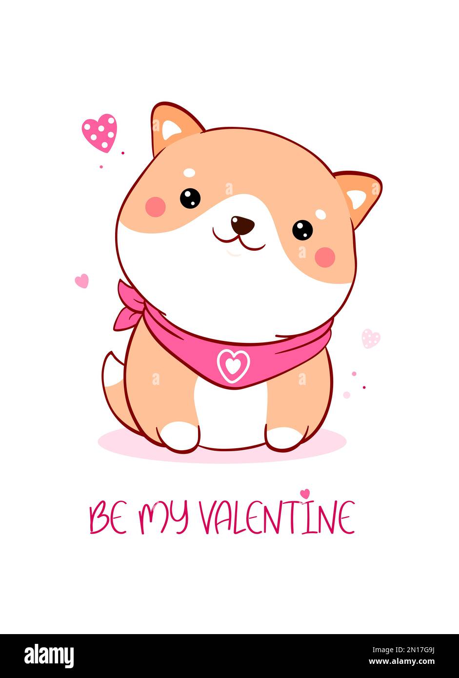 Cute Valentine card in kawaii style. Lovely little shiba inu puppy with pink hearts. Inscription Be my Valentine. Can be used for t-shirt print, stick Stock Photo