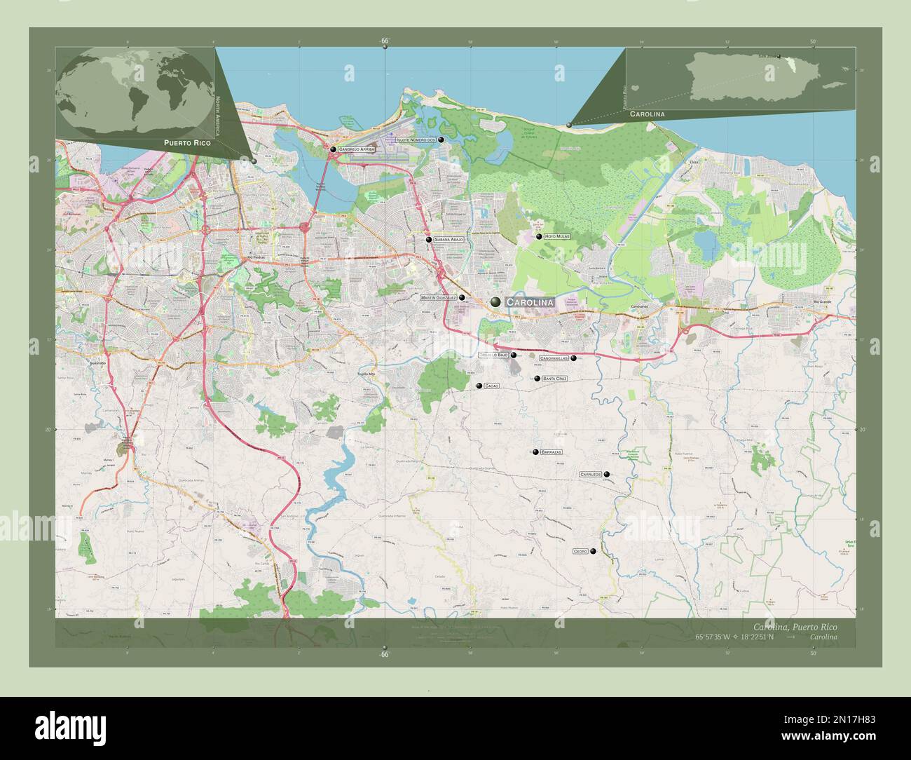 Carolina, municipality of Puerto Rico. Open Street Map. Locations and names of major cities of the region. Corner auxiliary location maps Stock Photo