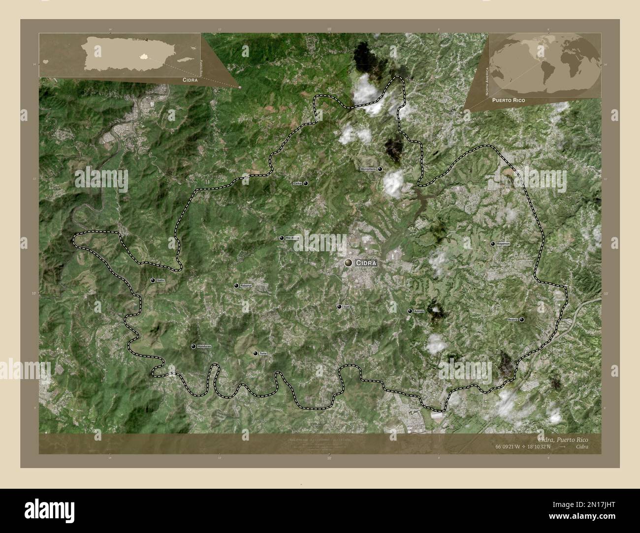 Cidra, municipality of Puerto Rico. High resolution satellite map. Locations and names of major cities of the region. Corner auxiliary location maps Stock Photo