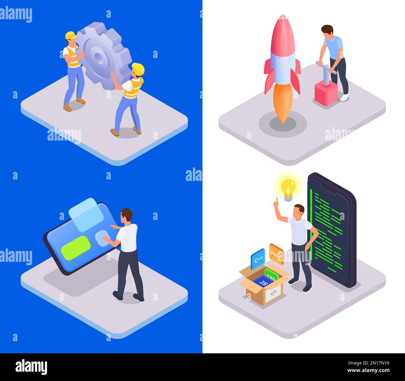 Set with four square compositions with mobile app development isometric ...