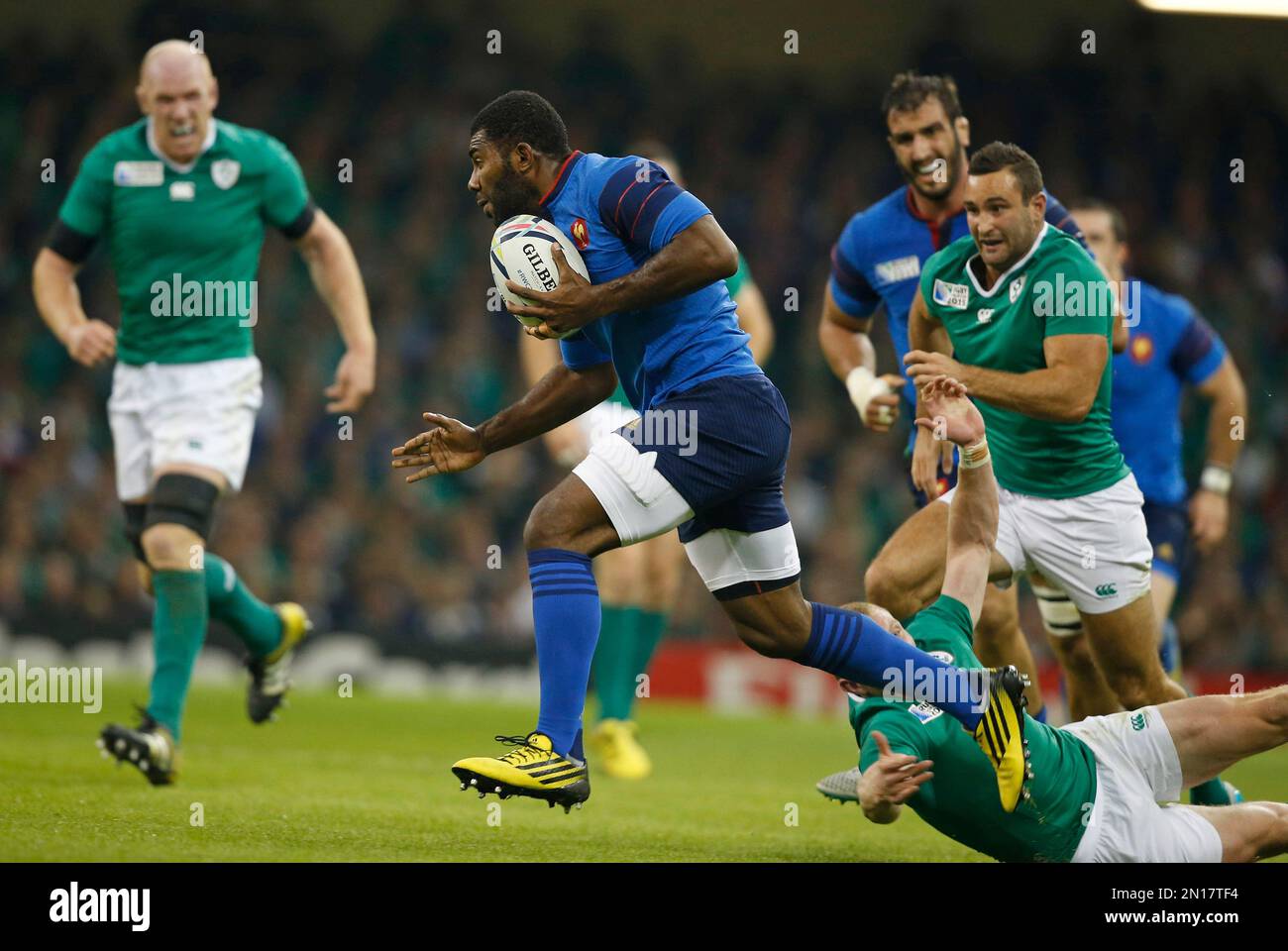 France's Noa Nakaitaci runs with the ball during the Rugby World Cup ...