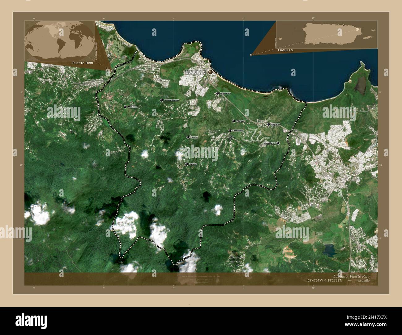 Luquillo, municipality of Puerto Rico. Low resolution satellite map. Locations and names of major cities of the region. Corner auxiliary location maps Stock Photo