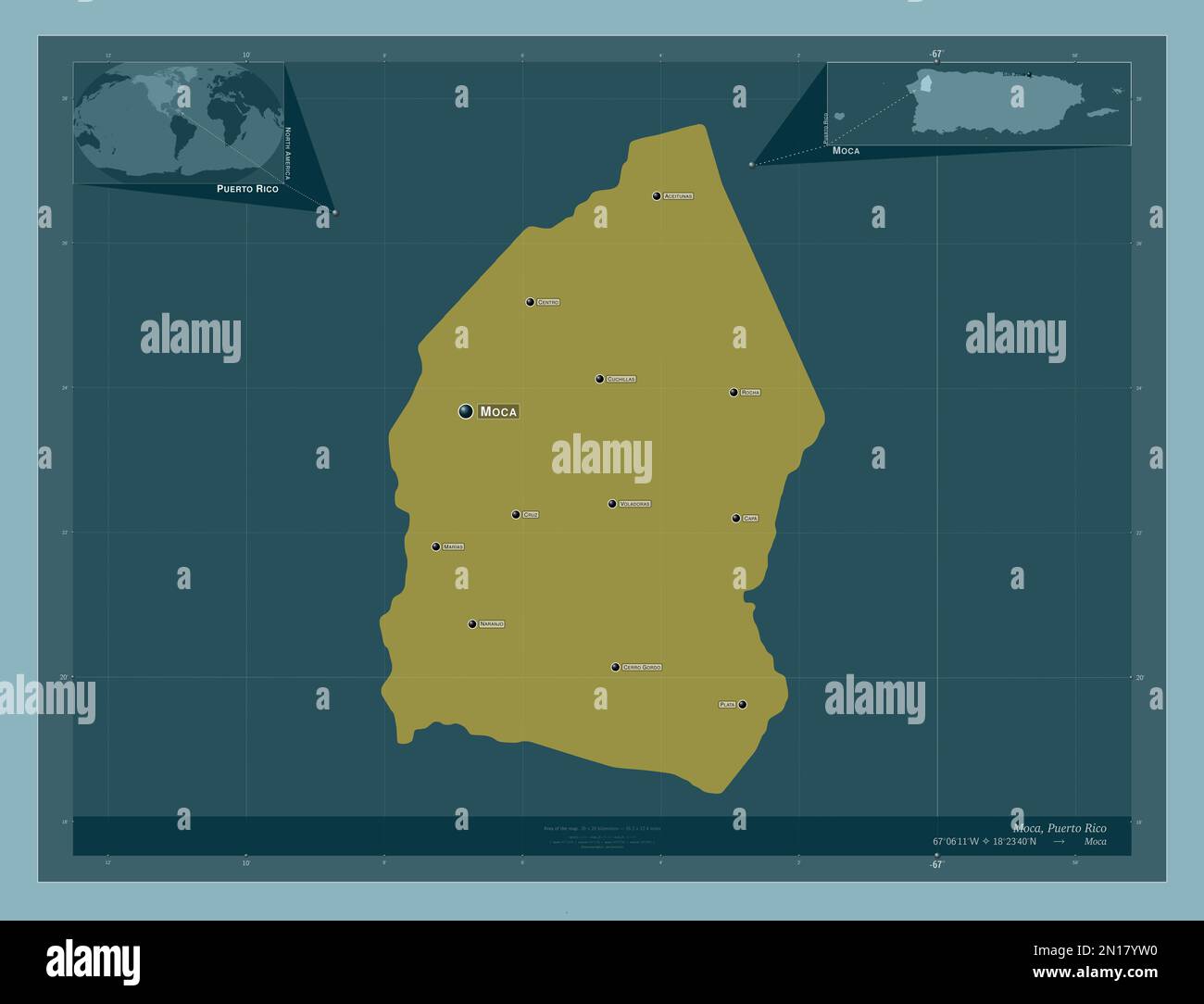 Moca, municipality of Puerto Rico. Solid color shape. Locations and