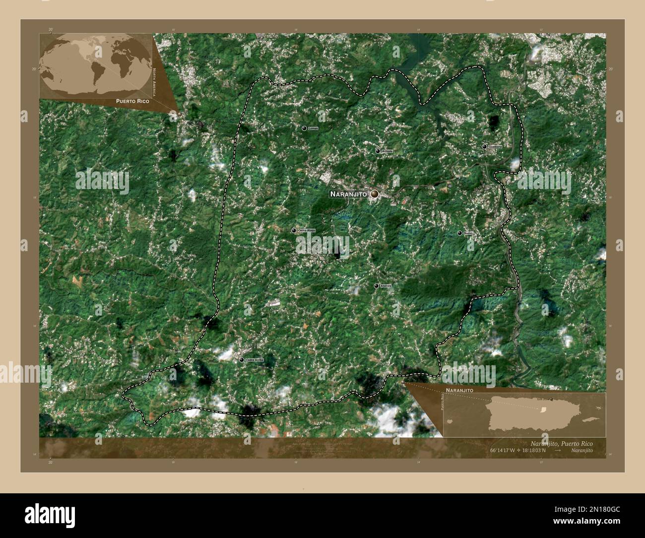 Naranjito, municipality of Puerto Rico. Low resolution satellite map