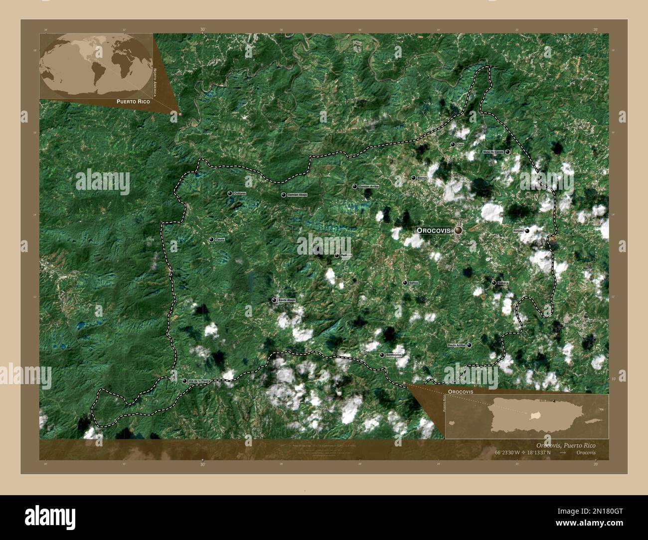 Orocovis, municipality of Puerto Rico. Low resolution satellite map. Locations and names of major cities of the region. Corner auxiliary location maps Stock Photo