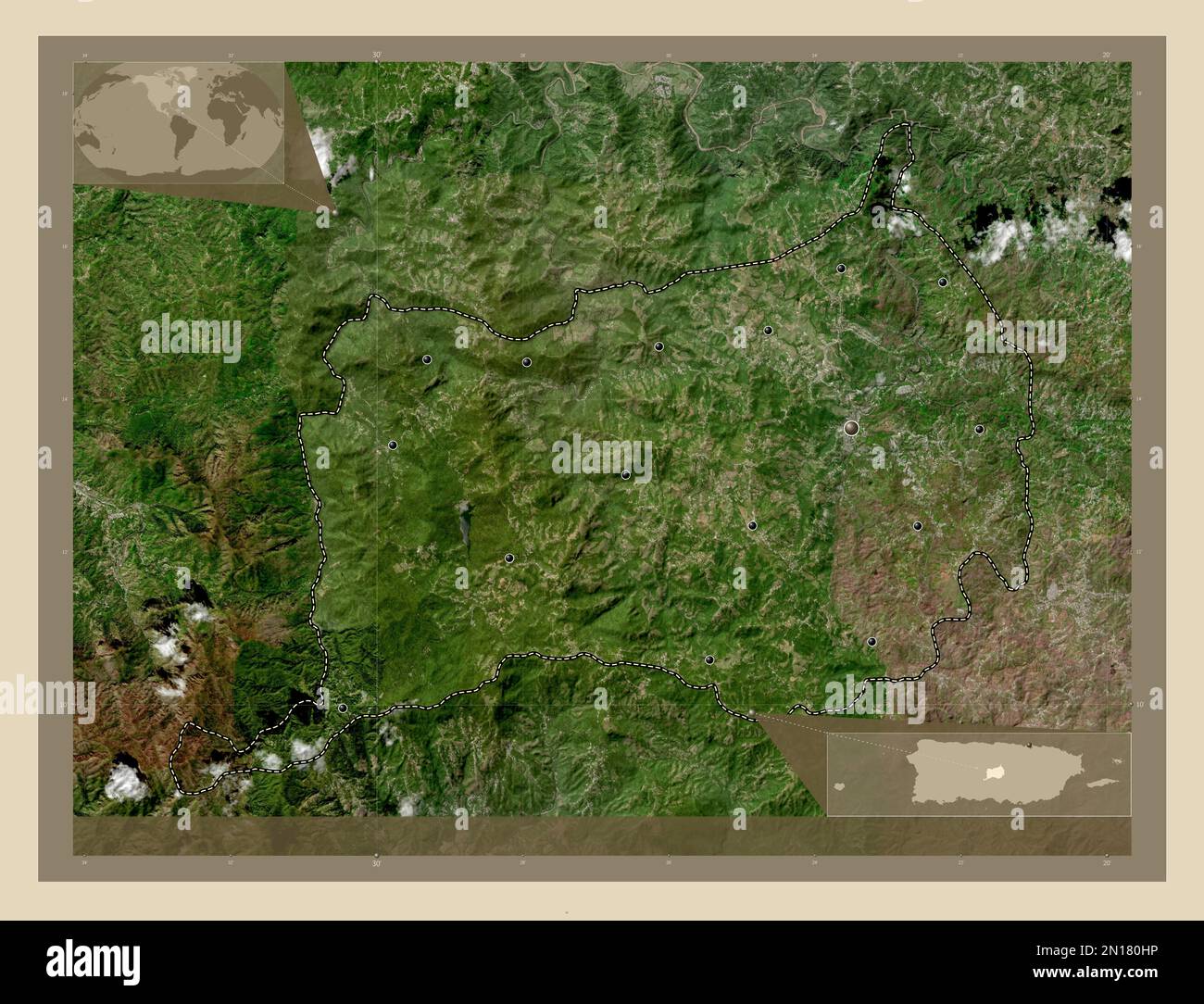 Orocovis, municipality of Puerto Rico. High resolution satellite map. Locations of major cities of the region. Corner auxiliary location maps Stock Photo