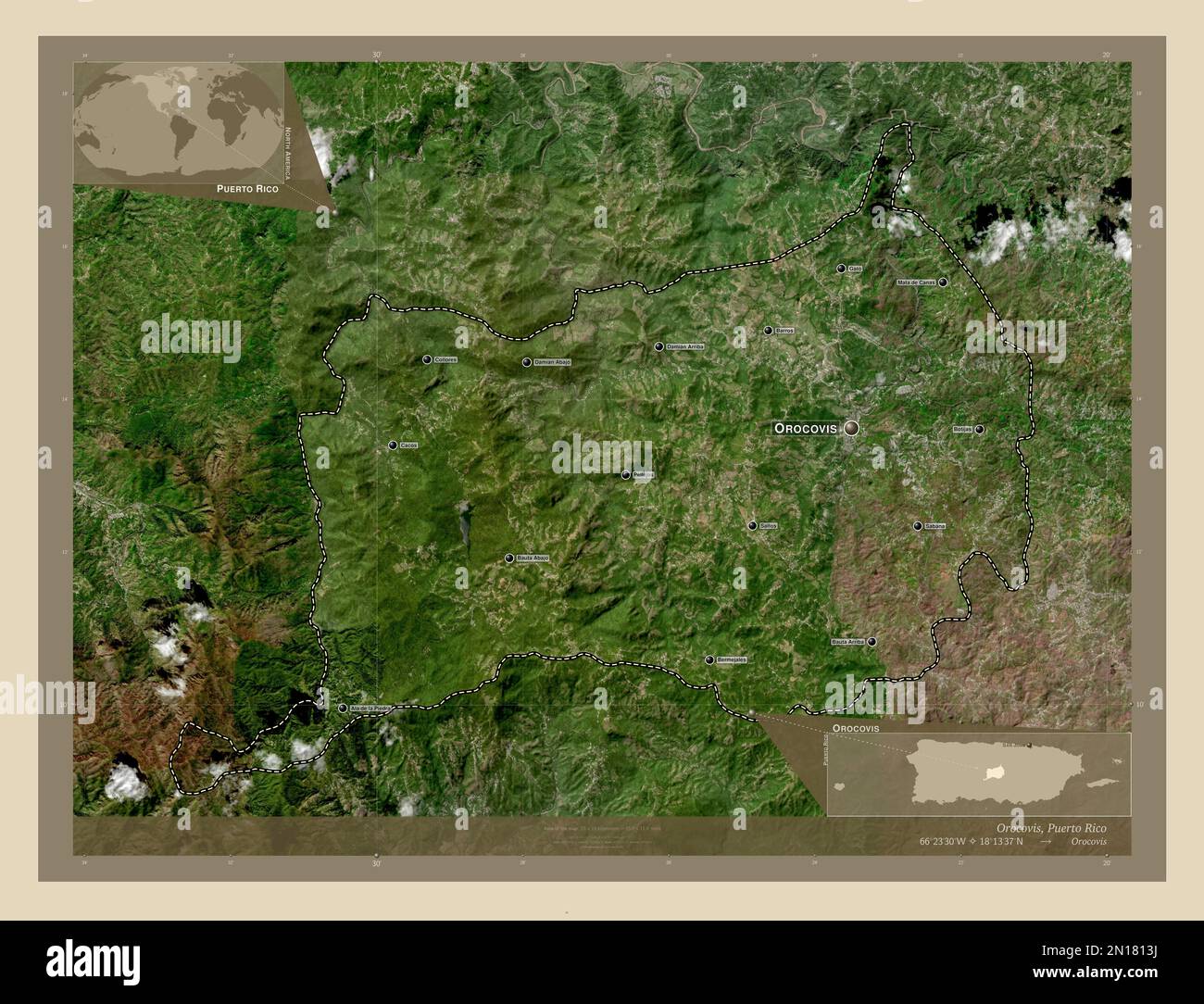 Orocovis, municipality of Puerto Rico. High resolution satellite map. Locations and names of major cities of the region. Corner auxiliary location map Stock Photo