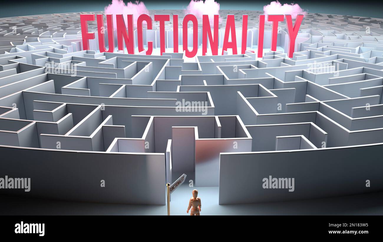 Functionality and a challenging path that leads to it - confusion and frustration in seeking it, complicated journey to Functionality,3d illustration Stock Photo
