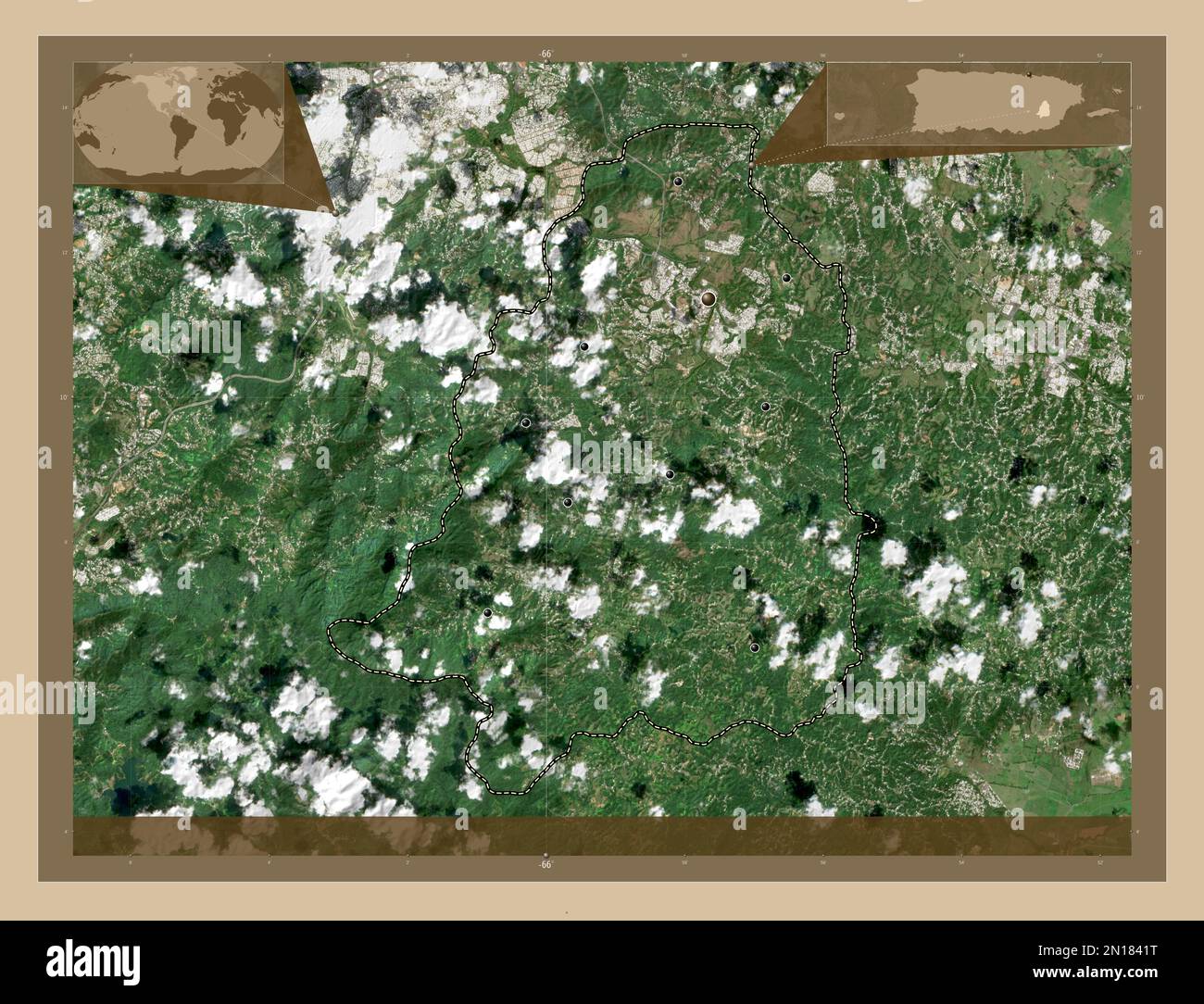 San Lorenzo, municipality of Puerto Rico. Low resolution satellite map. Locations of major