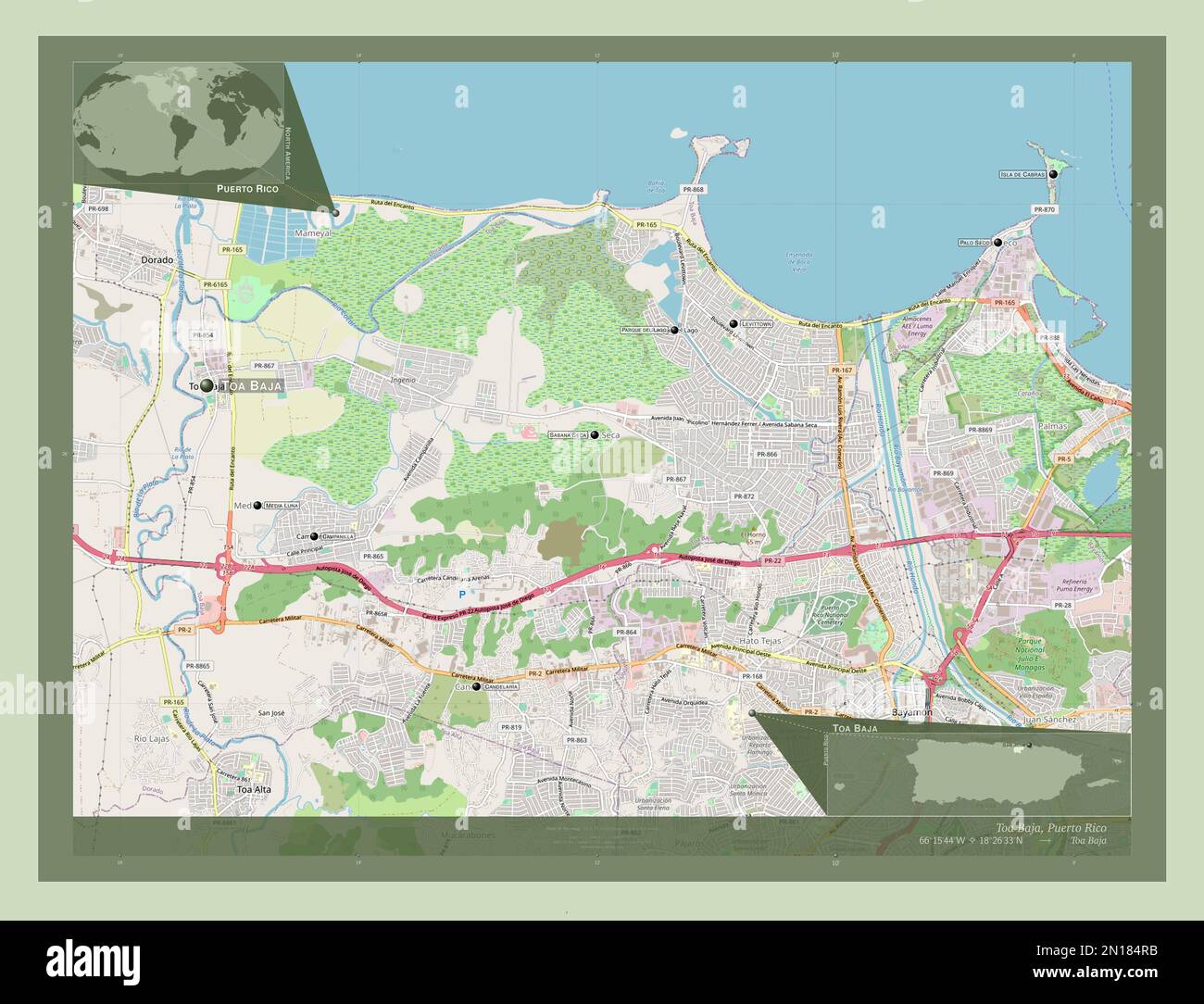 Toa Baja, municipality of Puerto Rico. Open Street Map. Locations and names of major cities of the region. Corner auxiliary location maps Stock Photo