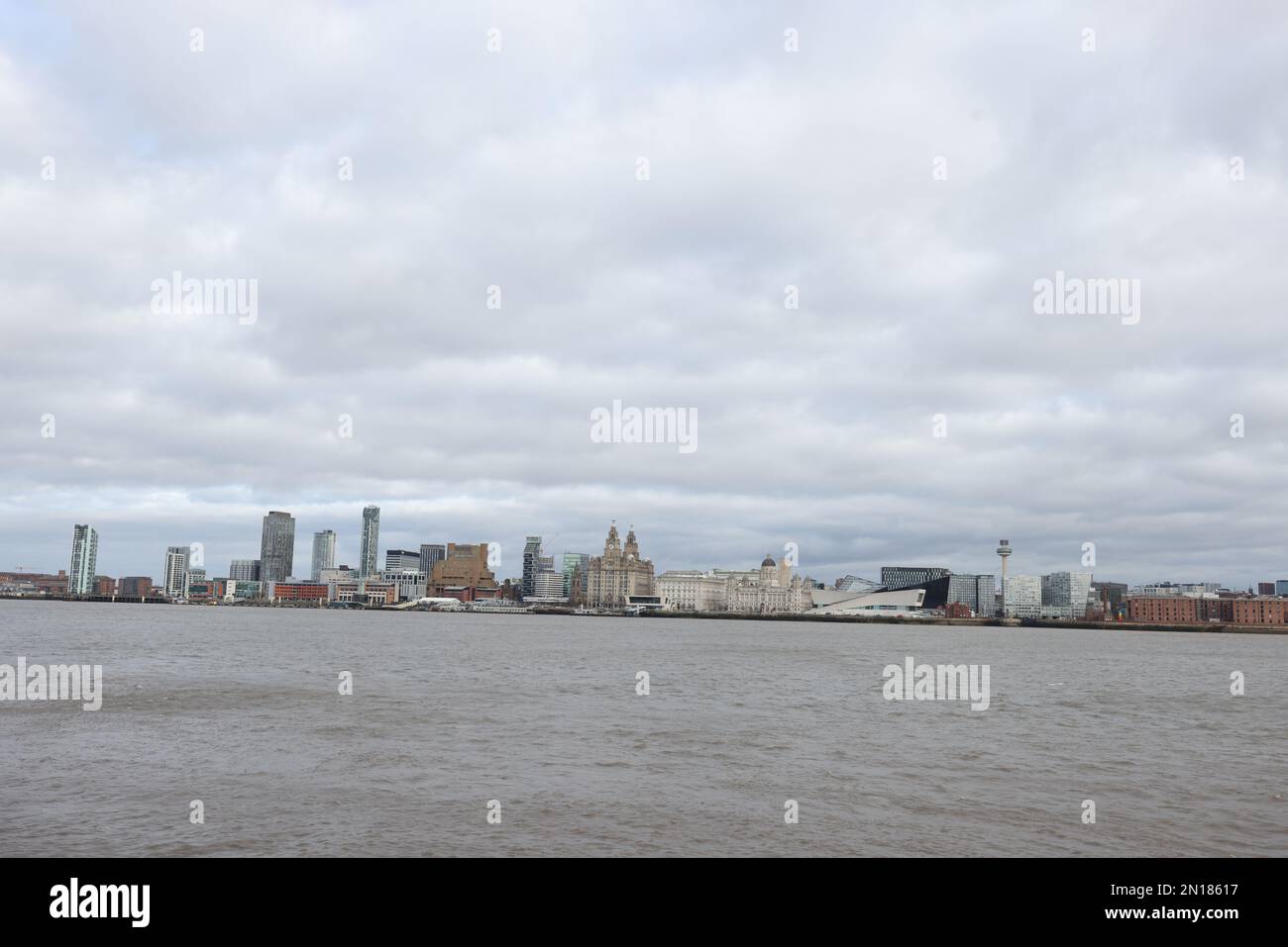 General views of Liverpool dockside buildings including the Royal Liver Building, Museum of Liverpool, ACC Convention centre, M&S Bank arena, UK. Stock Photo