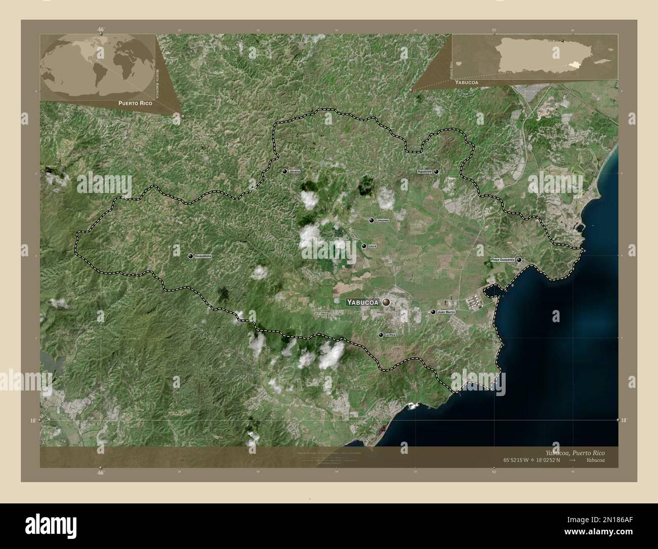Yabucoa, municipality of Puerto Rico. High resolution satellite map. Locations and names of