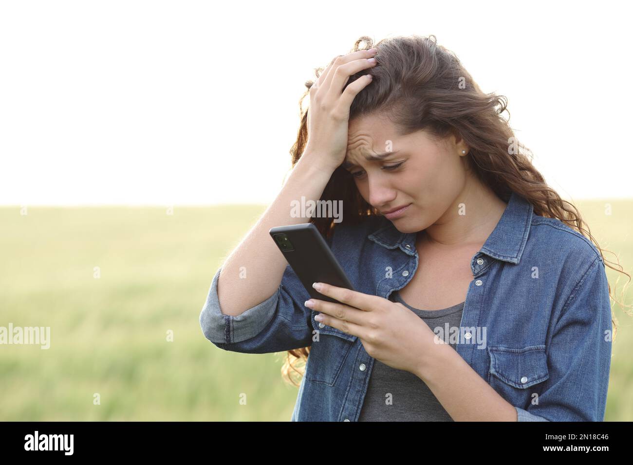 Sad woman checking smart phone standing in a wheat field Stock Photo