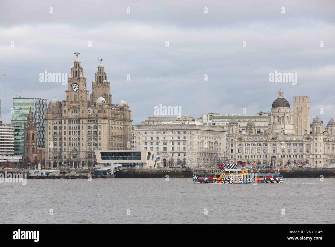 General views of Liverpool dockside buildings including the Royal Liver Building, Museum of Liverpool, ACC Convention centre, M&S Bank arena, UK. Stock Photo