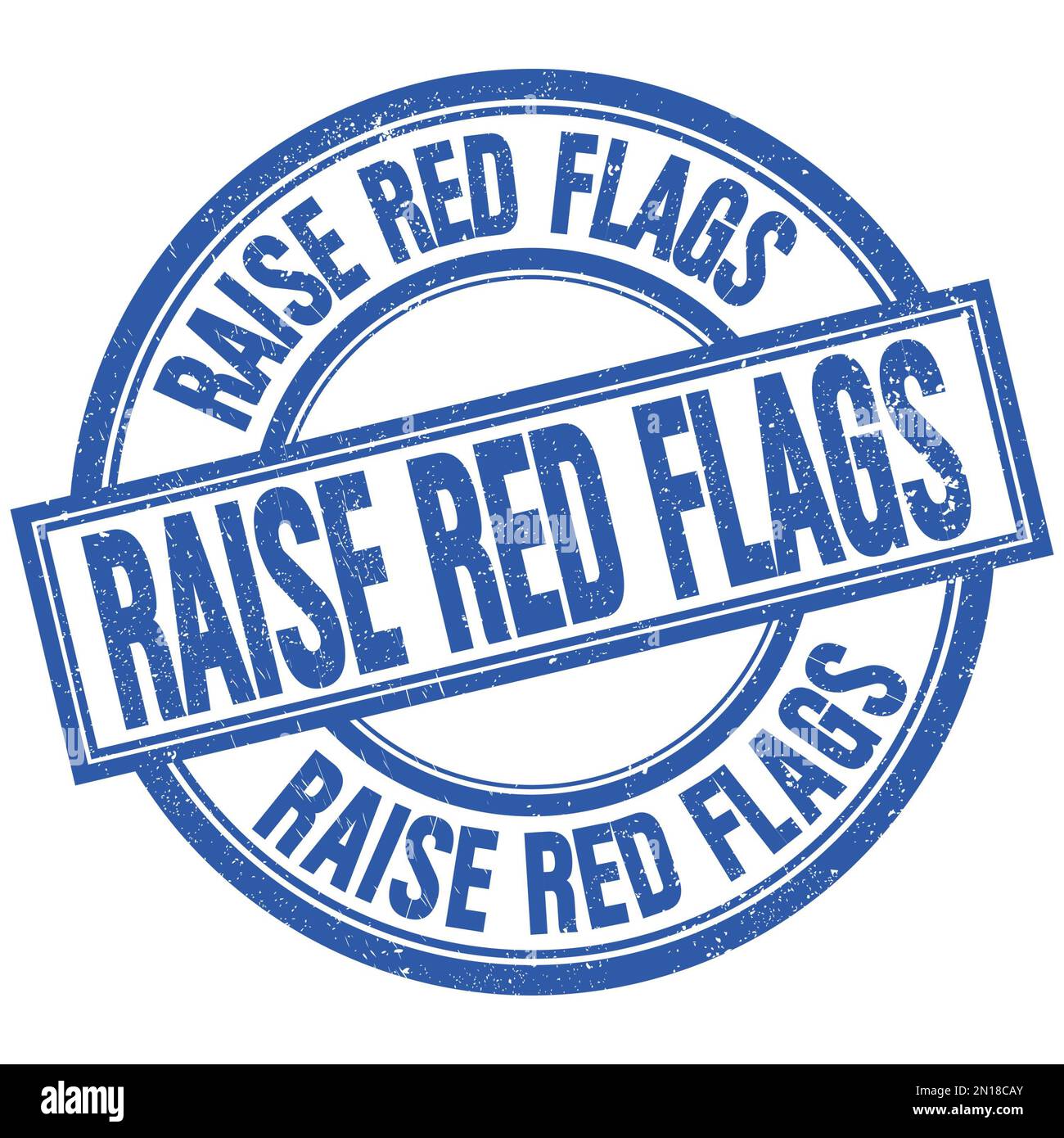 RAISE RED FLAGS text written word on blue round stamp sign Stock Photo