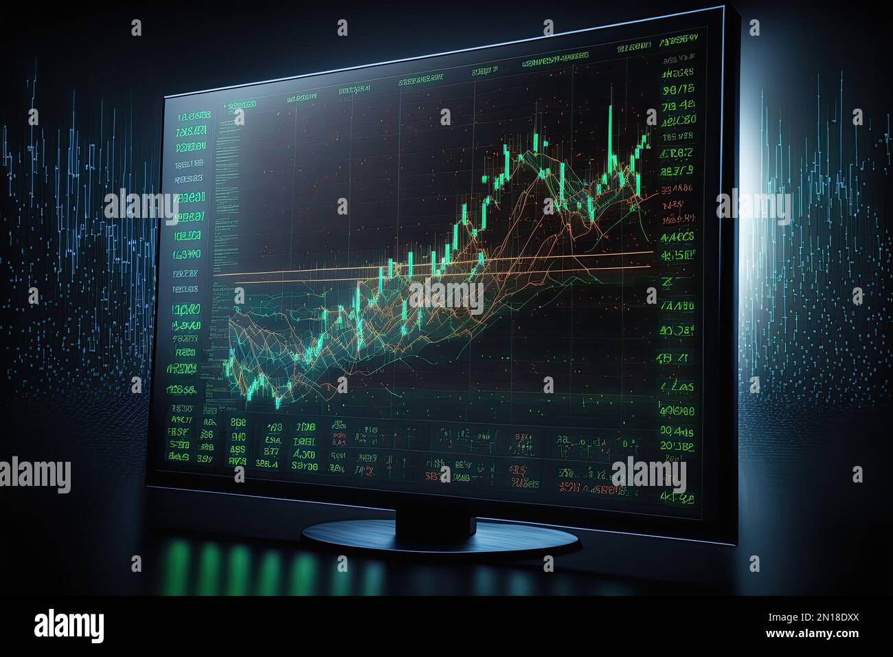 stock exchange portrayed as a black screen with candlestick charts