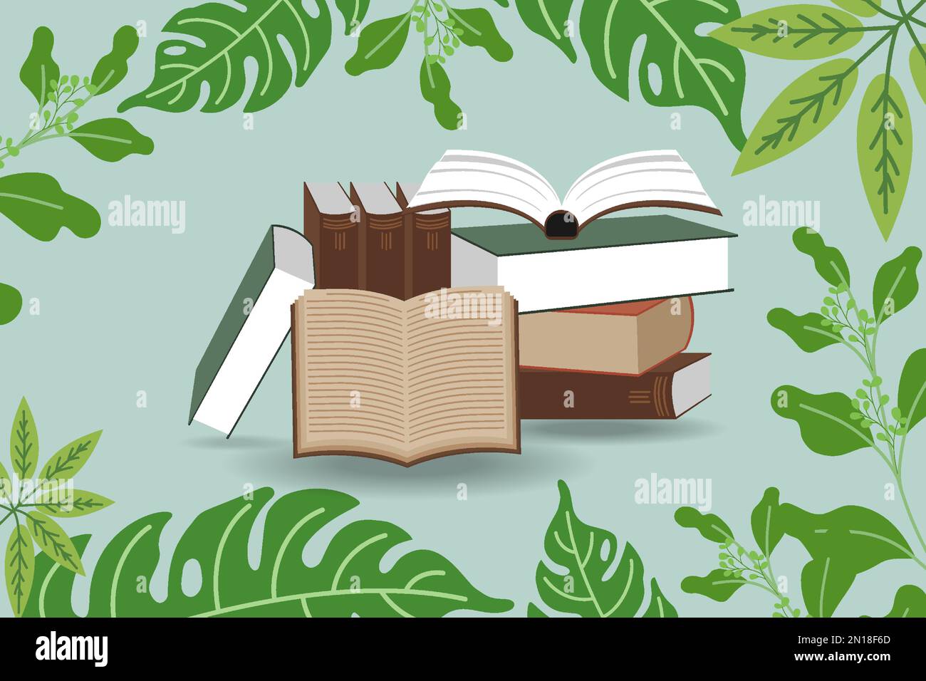 https://c8.alamy.com/comp/2N18F6D/illustration-of-pile-of-books-to-read-world-book-day-stack-of-various-textbooks-in-hardcover-open-notebooks-on-light-green-background-literature-e-2N18F6D.jpg