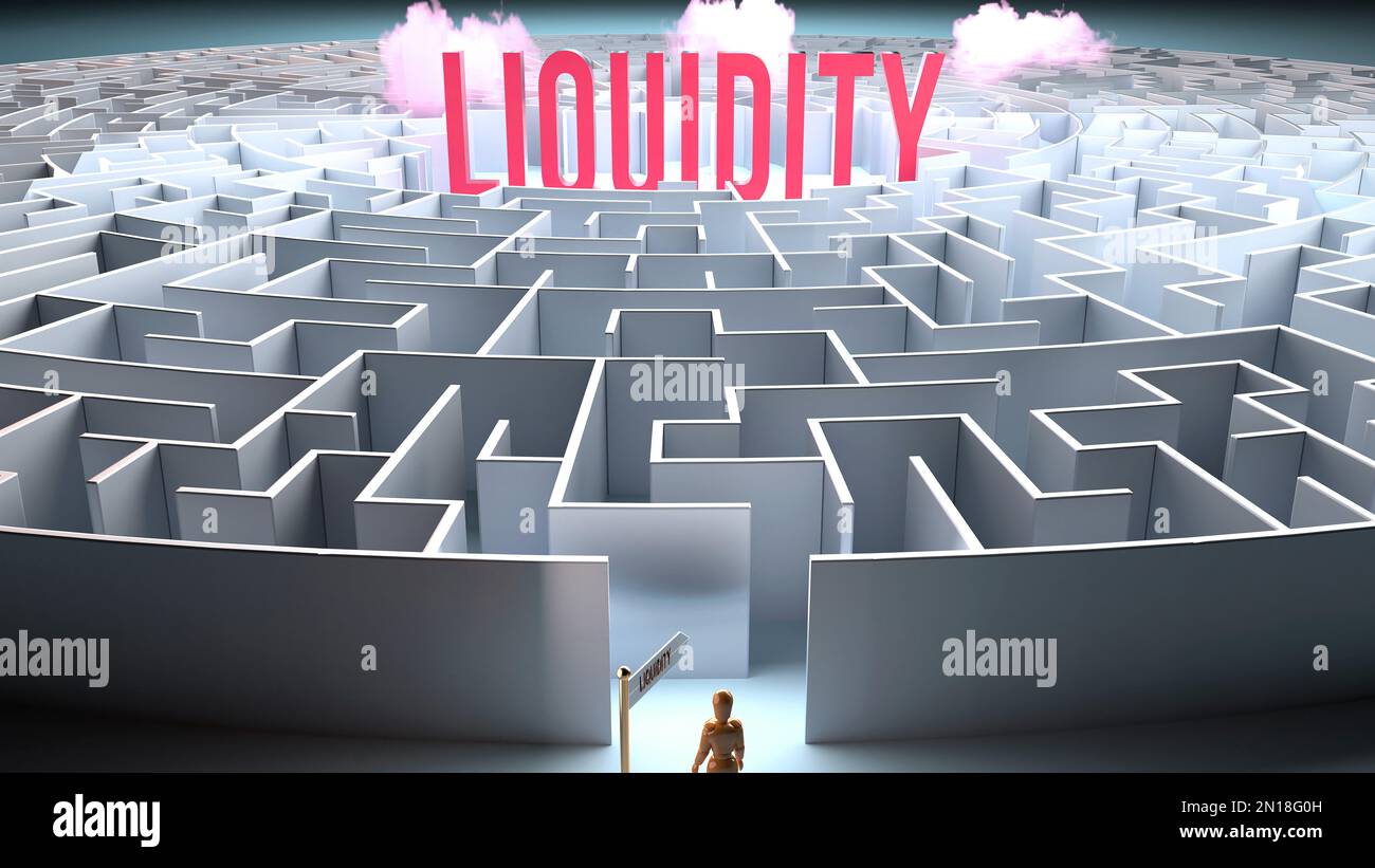 Liquidity and a challenging path that leads to it - confusion and frustration in seeking it, complicated journey to Liquidity,3d illustration Stock Photo