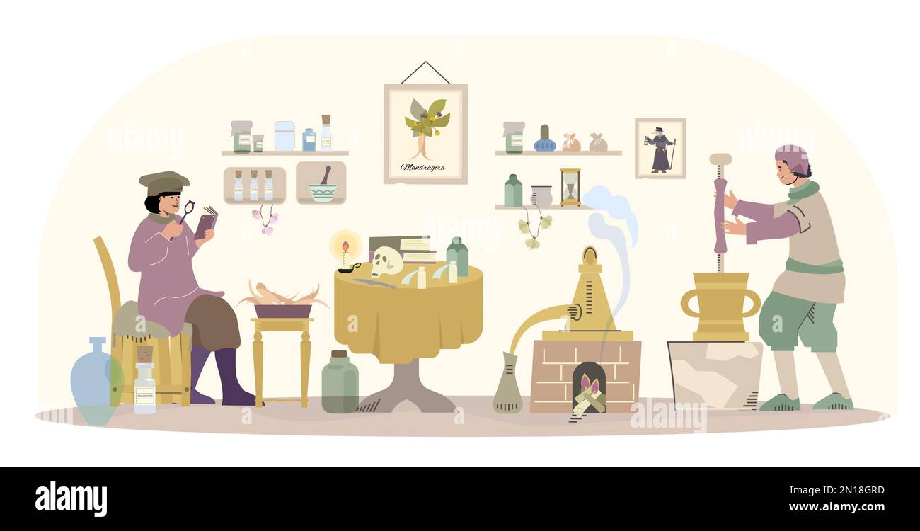 Ancient medicine flat composition with indoor scenery and two vintage healers preparing mixture and reading books vector illustration Stock Vector