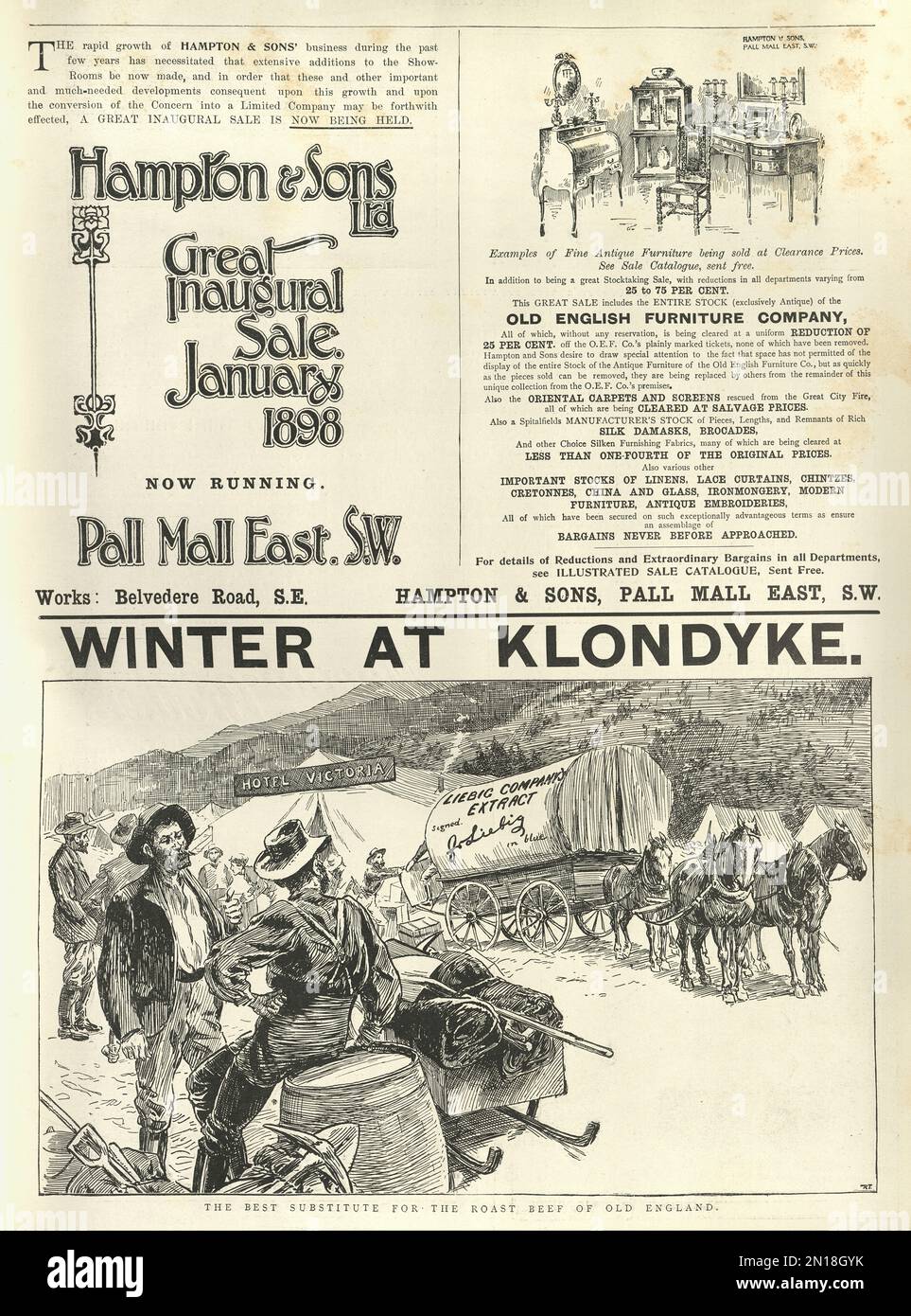 Page of Victorian newspaper adverts, 1890s, Lieberg beef extract, Klondike Gold Rush Stock Photo