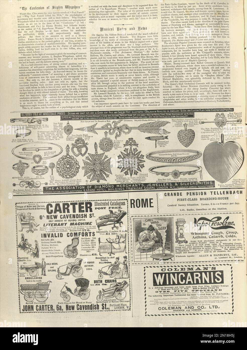 Page of Victorian newspaper adverts, 1890s, Jewellry, Wheelchairs, whooping cough cure Stock Photo