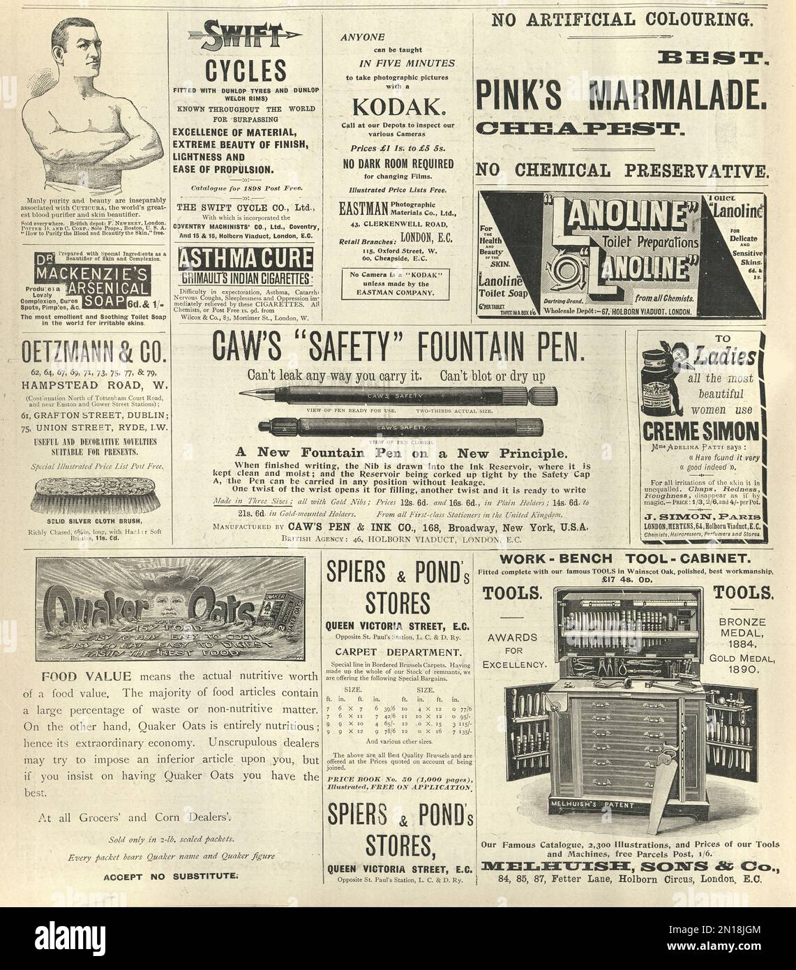 Page of Victorian newspaper adverts, Kodak, Swift Cycles, Asthma Cure