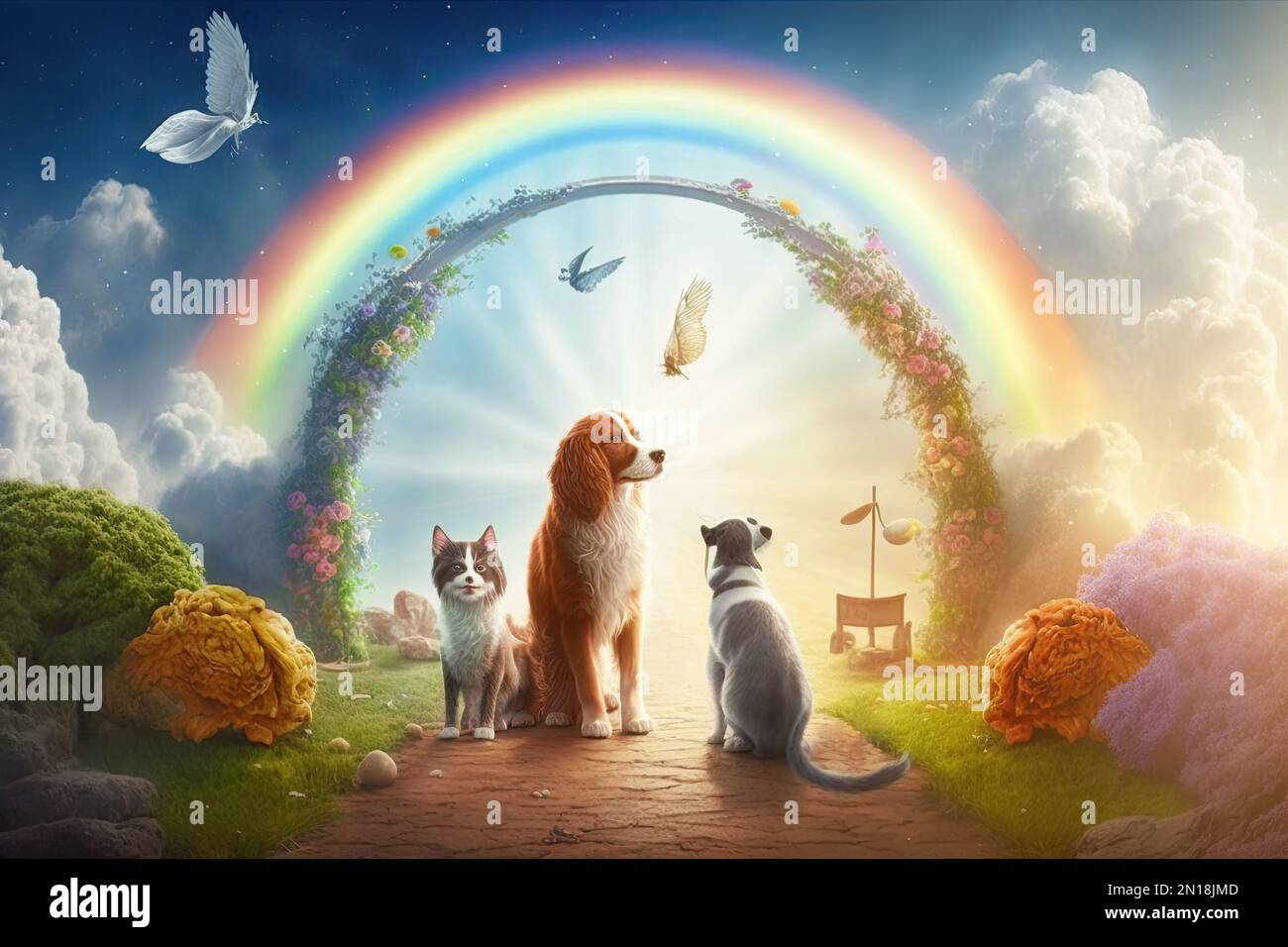 A beautiful fairy garden of Eden with happy dogs and cats who run and play. They live after death in a heavenly paradise. Concept of life after death Stock Photo