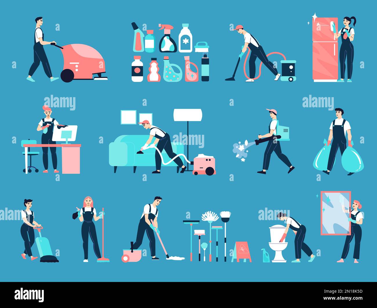 Cleaning service workers doing various chores around house flat set