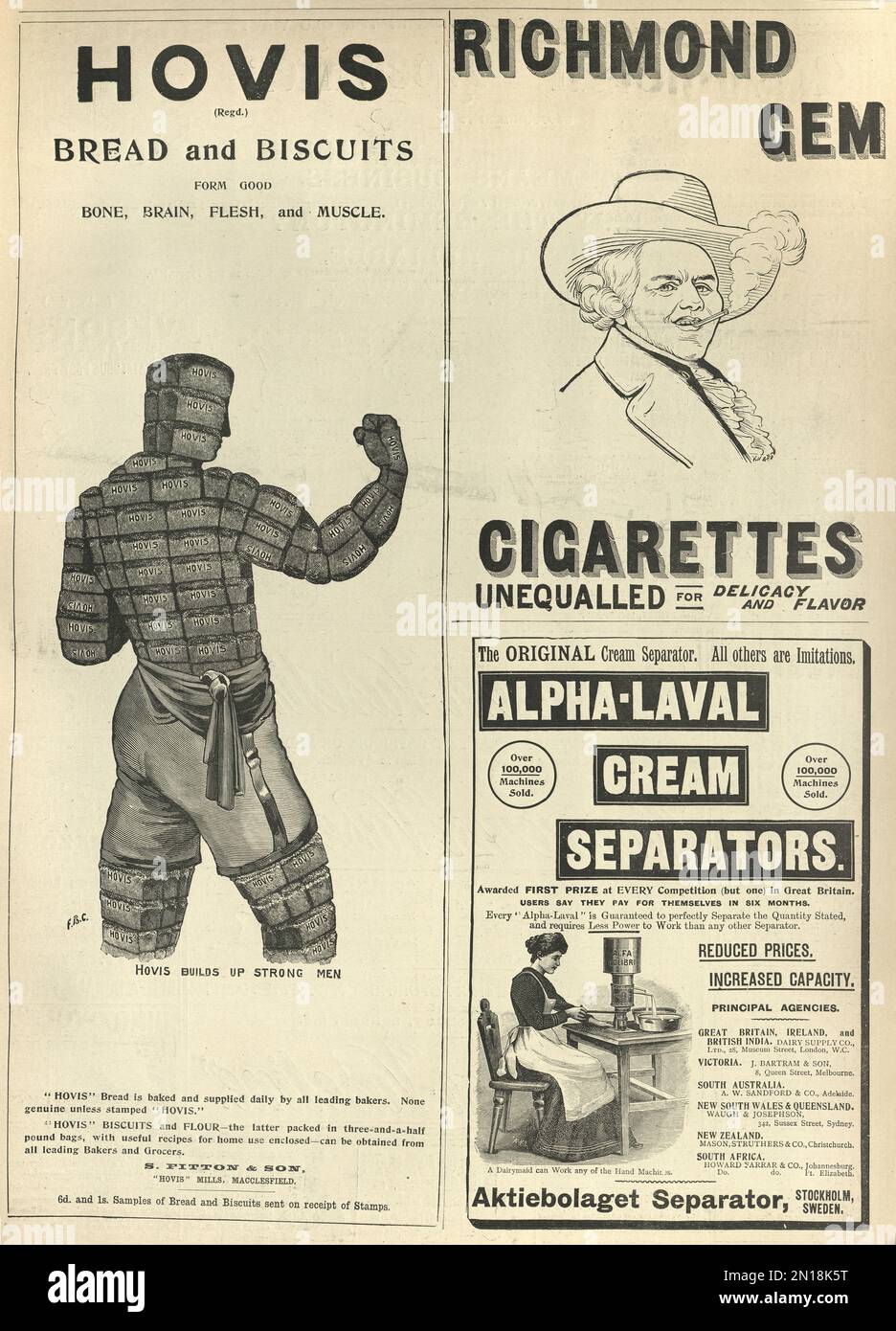 Page of Victorian newspaper adverts, Hovis Bread, Richmond Gem cigarettes, Cream separator, 1890s, 19th Century Stock Photo