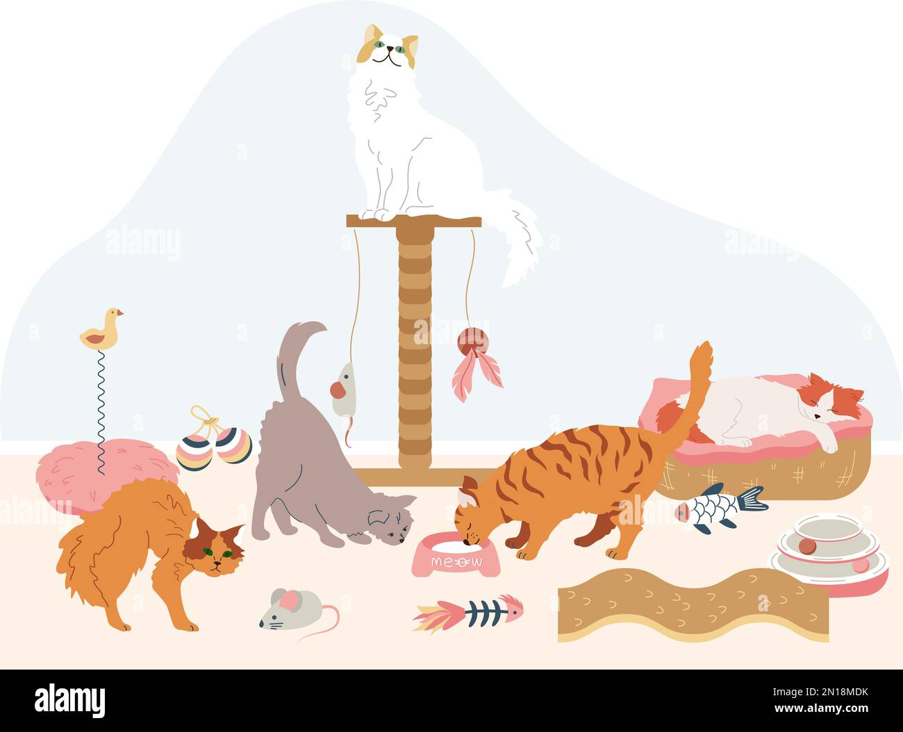 Cat accessories flat background with composition of multiple cats sitting on condo eating playing with toys vector illustration Stock Vector