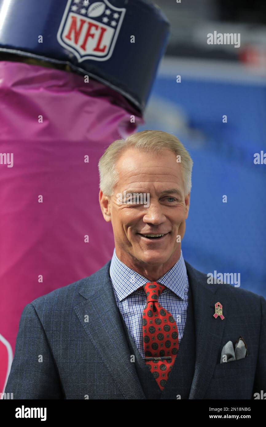 FOX Sports broadcaster Daryl Johnston talks on the field prior to an NFL  football game between the Buffalo Bills and New York Giants, Sunday, Oct.  4, 2015, in Orchard Park, N.Y. (AP