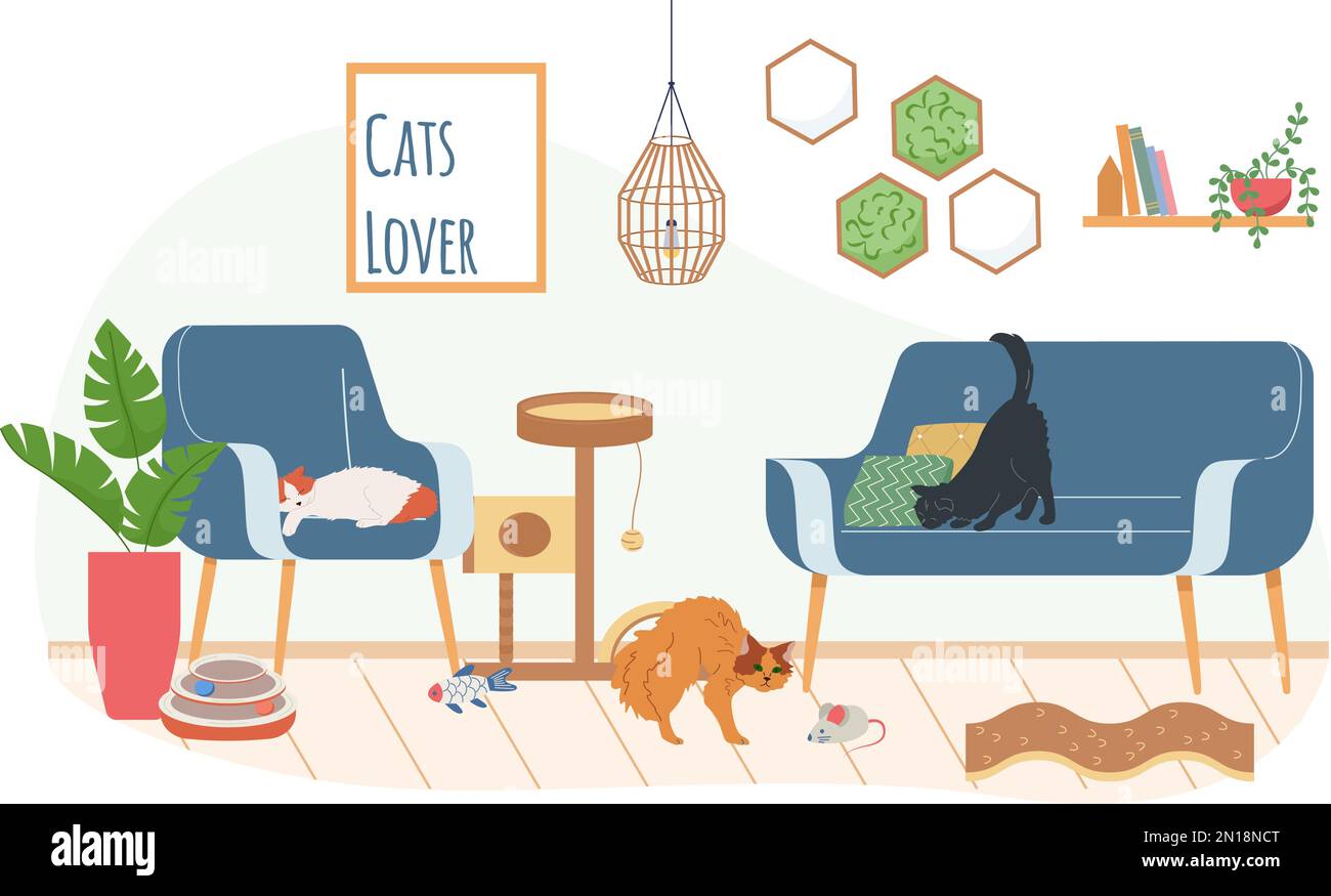 Cat accessories flat background composition with indoor scenery with toys soft furniture and three different cats vector illustration Stock Vector