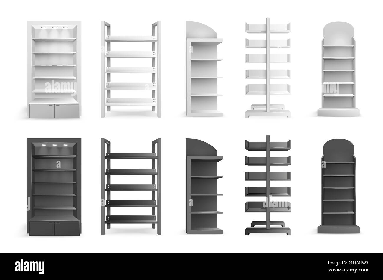Realistic shelving set of white and black empty shelves and racks of